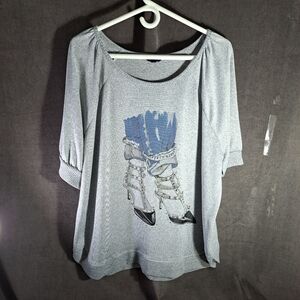 Love & Lace Heather Grey Embellished High Heels Graphic Short Sleeve Knit VG 1X